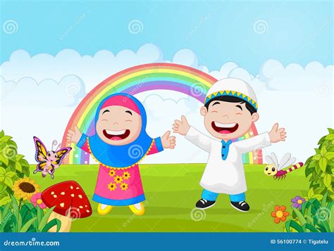 Happy Muslim Kid Cartoon Waving Hand With Rainbow Stock Vector