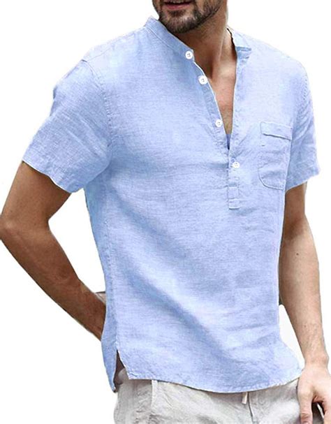 Mens Henley Shirt Short Sleeve Linen Banded Collar V Neck Summer Beach T Shirt Blouse With