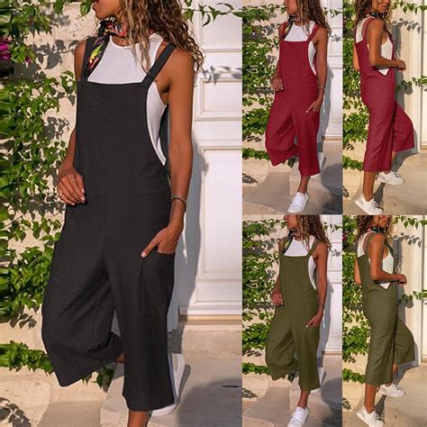 Buy Women Sleeveless Dungarees Loose Cotton Linen Long Playsuit Party