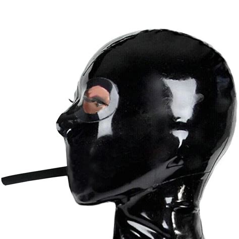 Sexy Latex Gummi Mask Black Rubber Fetish Hood With Breathing Tube Handmade Handpiece S Lm