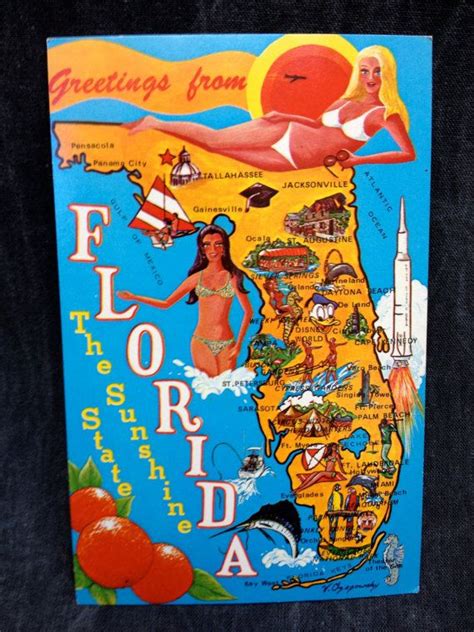 Florida State Postcard Unused Vintage Greetings From Etsy Map Of