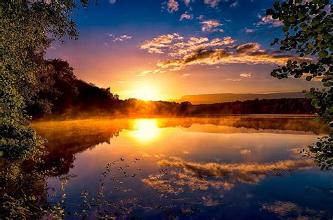 Sunset And Lake Forest Lake Sunset Landscape Hd Wallpaper Peakpx