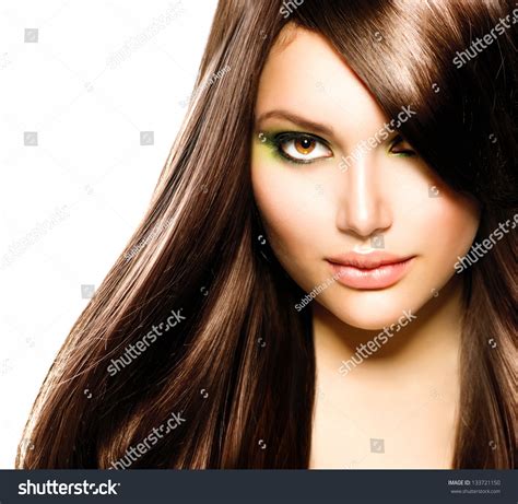 Hair Beautiful Brunette Girl Healthy Long Stock Photo