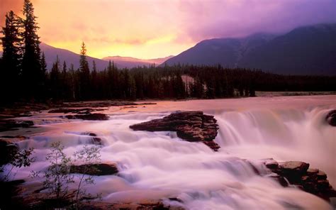 Download Mountain Forest Water Sunset Nature Waterfall Hd Wallpaper