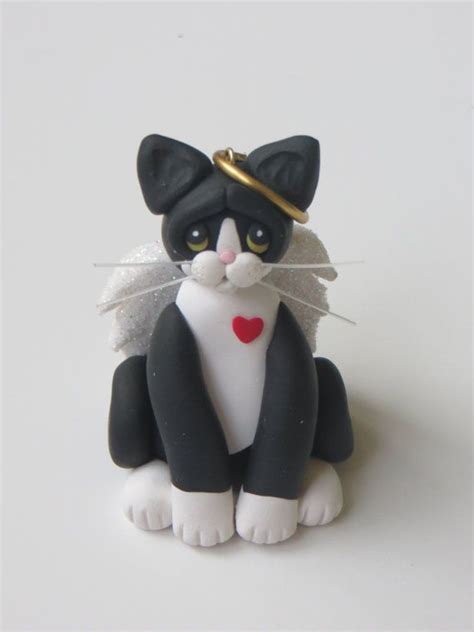 Black Tuxedo Cat Angel Christmas Ornament Figurine Polymer Clay