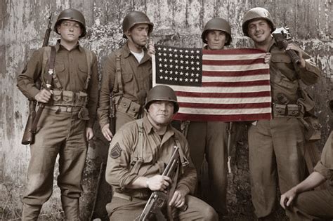 Ww2 Platoon Holding American Flag Stock Photo Download Image Now Istock