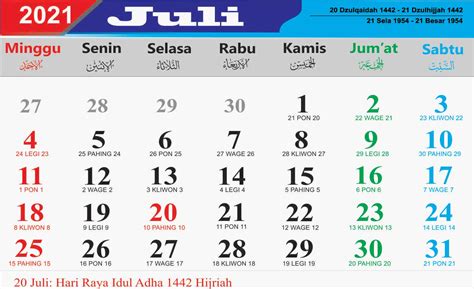 Kalender Bulan Juli 2021 Lengkap Hari Libur Nasional