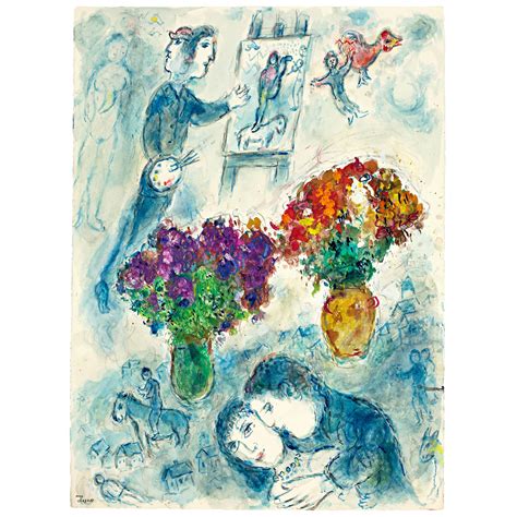 Marc Chagall Les Amoureux Aux Deux Bouquets Et Le Peintre Circa 1975