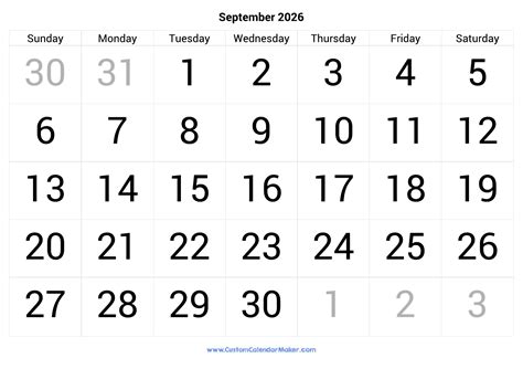 September 2026 Calendar Printable With Large Numbers