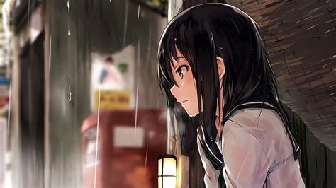 Hd Wallpaper Anime Girl Rain Raindrops School Uniform One Person