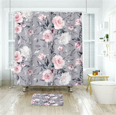 Gray Pink Elegant Floral Farmhouse Shabby Chic Waterproof Fabric Shower