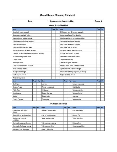 Housekeeping Cleaning Checklist Template Guest Room Checklist Guest