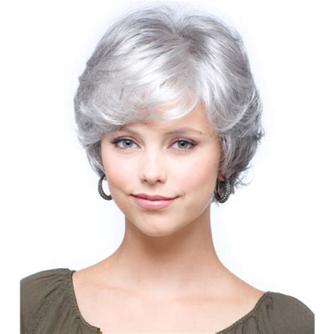 Ombre Silver Gray Wigs For Women Short Wavy Hair Synthetic Grey White