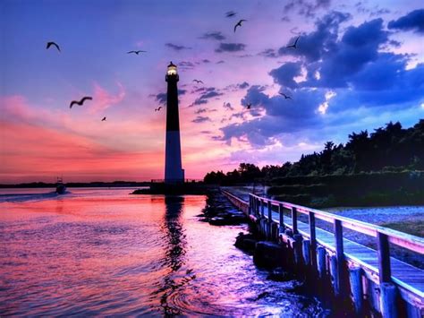Lighthouse At Sunset Colorful Riverbank Shore Dusk Bonito Sunset