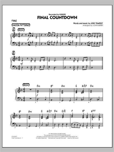 Final Countdown Piano Sheet Music John Berry Jazz Ensemble