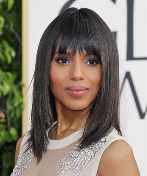 Kerry Washington Medium Straight Black Hairstyle With Layered Bangs And Brunette Highlights
