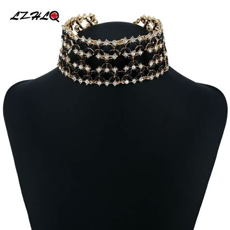 Lzhlq Fashion Metal Choker Necklaces Geometric Hollow Rhinestone Resin