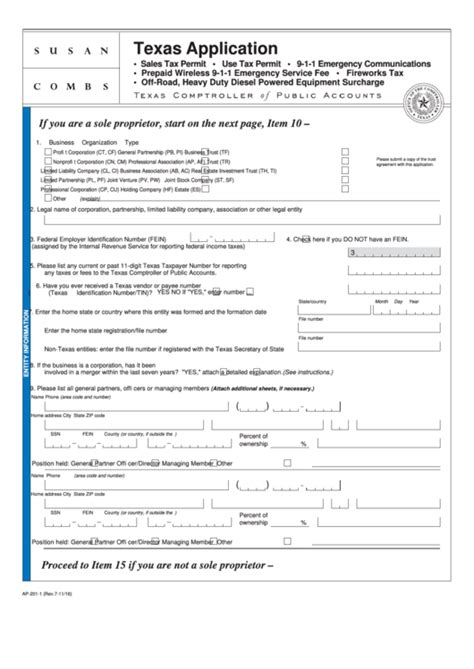 Fillable Form Ap 201 Texas Application For Sales Tax Permit Andor