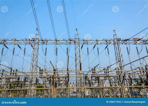 Electrical Substation On A Blue Sky Background Technology Concept