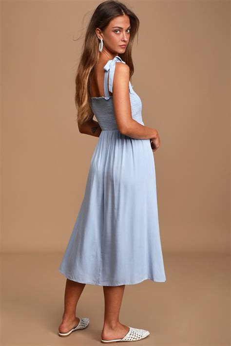 Light Blue Midi Dress Smocked Dress Tie Strap Midi Dress Lulus