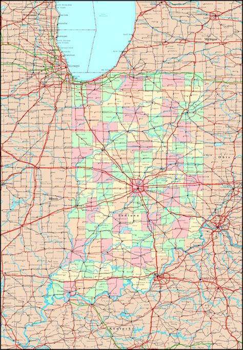 Large Detailed Administrative Map Of Indiana State With Roads Highways