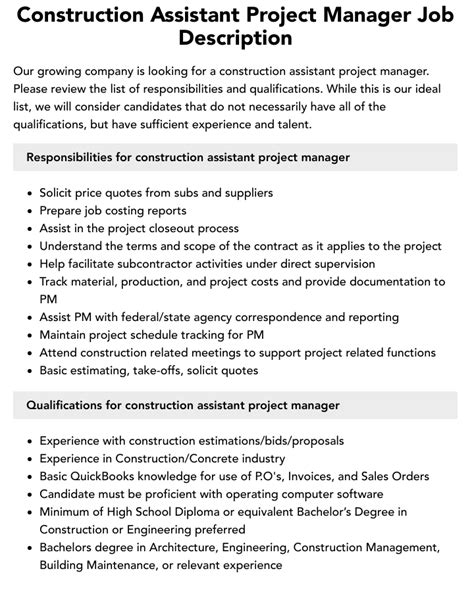 Construction Assistant Project Manager Job Description Velvet Jobs