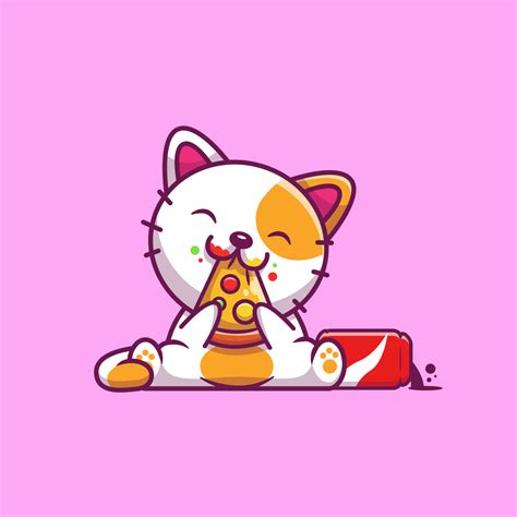 Cute Cat Eating Pizza And Cola Cartoon Vector Icon Illustration Animal
