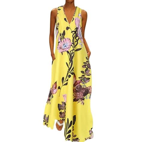 Plus Size Bohemia Dress For Women Sleeveless Floral Print Summer Sexy V Neck Long Maxi Dress