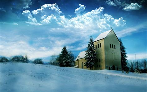 Idyllic Winter Church In Snow Hoodoo Wallpaper