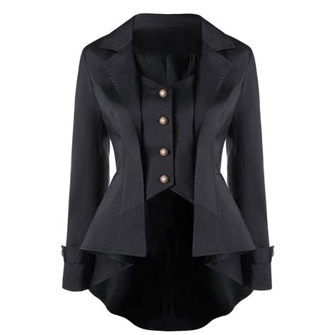 Button Up Notched Collar High Low Coat Black 3h34750514 Womens