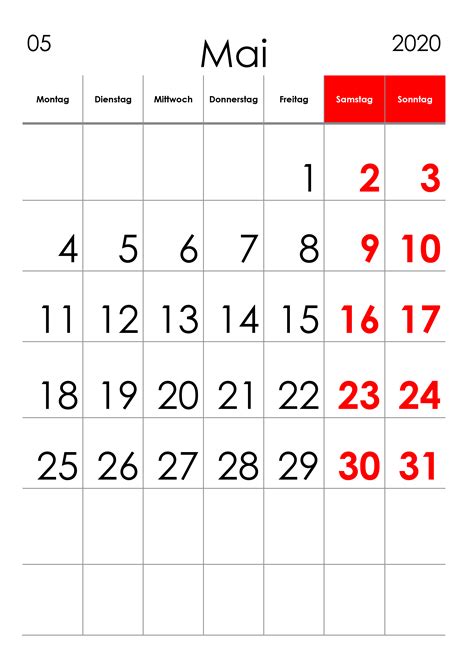Kalender Mai 2020 Grosse Ziffern Im Hochformat Kalendersu