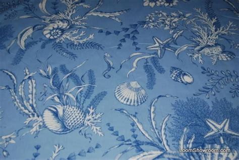 Toile Blue White Sea Life Sea Horse Ocean Shells Coral Cotton Fabric