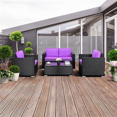 Gymax 4pc Rattan Patio Furniture Set Outdoor Rattan Wicker With Purple