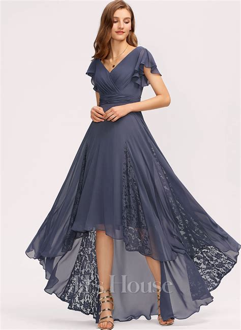 A Line V Neck Asymmetrical Chiffon Lace Bridesmaid Dress With Pleated