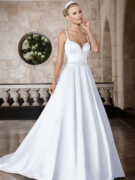 A Line Sweetheart Low Back Satin Wedding Dress With Beading Sash Straps