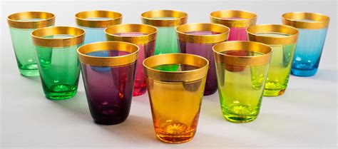 Lot Colored Glass Tumblers With Gilt Rims Set Of 12