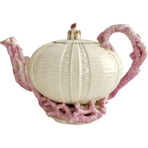 Belleek Large Echinus Teapot 1st Black Mark In Pink And Cream 1869