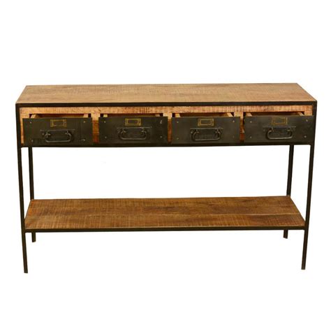 Industrial Iron 4 Drawer 2 Tier Rustic Entry Way Console Foyer Table