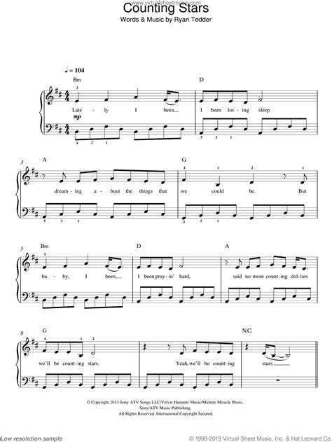 Onerepublic Counting Stars Sheet Music Easy For Piano Solo