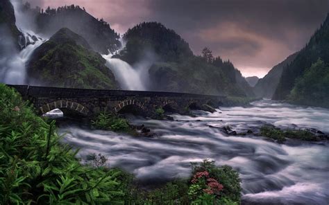 Gray And Brown Concrete Bridge Nature Landscape Waterfall River Hd