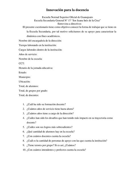 Guion Entrevista Directivos Innovaci N Para La Docencia Escuela