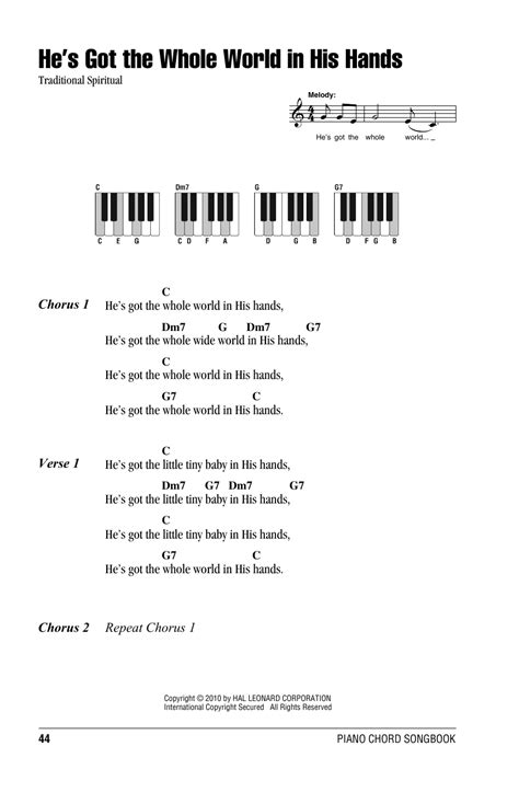 he s got the whole world in his hands sheet music traditional spiritual piano chords lyrics