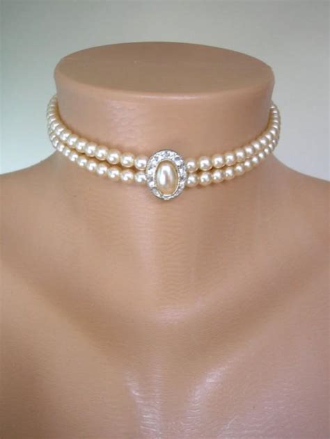 Pearl Choker Pearl Necklace Great Gatsby 2 Strand Cream Pearls