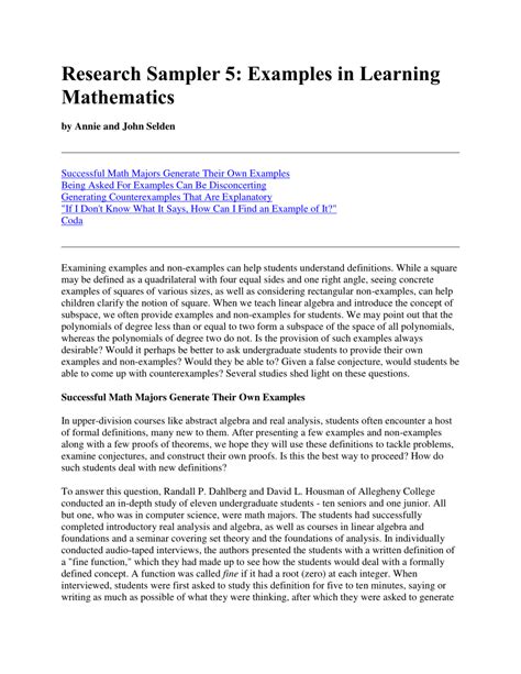 Pdf Research Sampler 5 Examples In Learning Mathematics