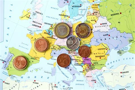 Map Of Europe With Euro Coins And Polish Zloty Editorial Photography