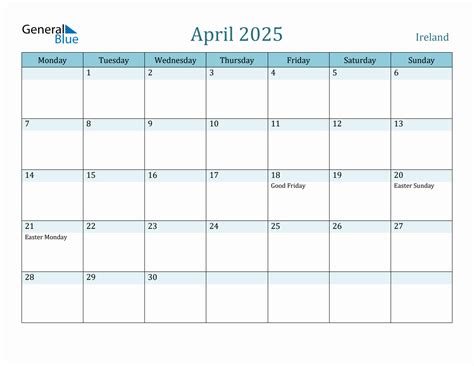 Ireland Holiday Calendar For April 2025