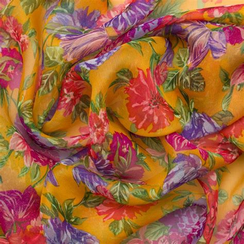 Designer Pink Floral Deep Yellow Silk Georgette £2500metre Joel