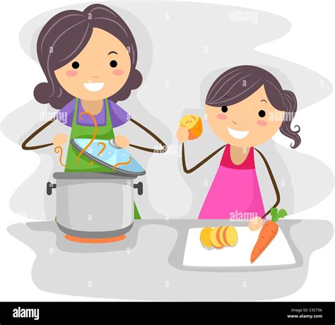 Illustration Of A Mother And Daughter Cooking Food Together Stock Photo