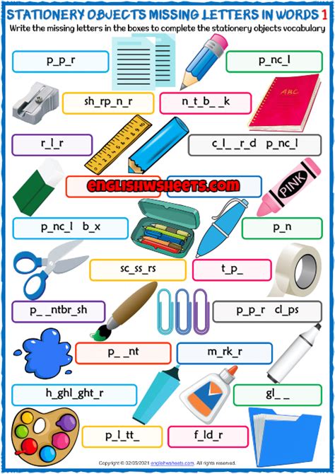 Stationery Objects Esl Missing Letters In Words Worksheets Worksheets