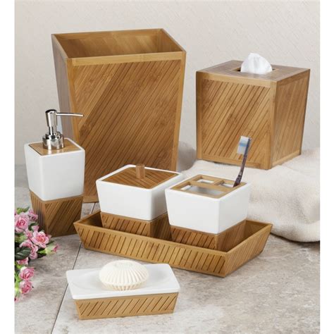 Shop White Ceramic Bamboo Bathroom Accessory Set Free Shipping On